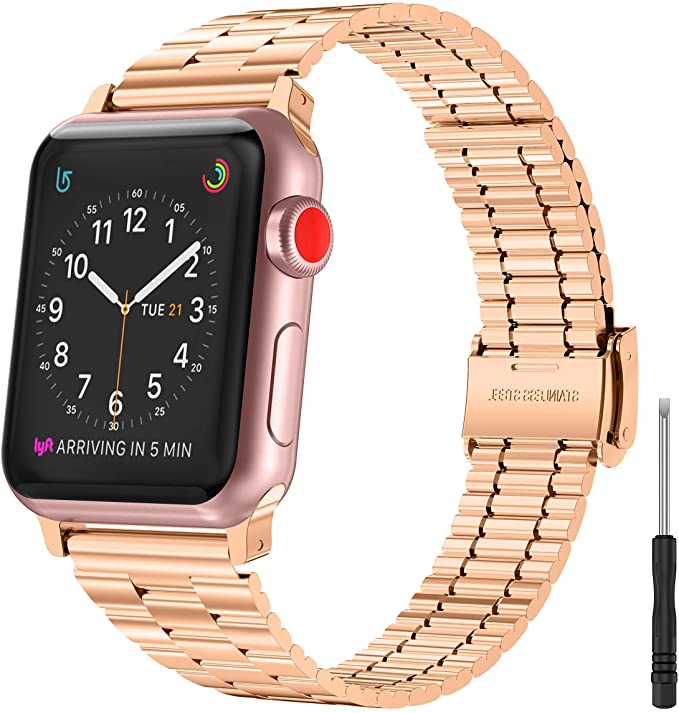 Moolia Metal Band Compatible with Apple Watch Band 41mm 38mm 40mm 45mm 42mm 44mm Women Stylish Ultra-Thin Stainless Steel iWatch Strap Bracelet Compatible for Apple Watch Series SE 7 6 5 4 3 2 1 (Rose Gold, 38mm/40mm/41mm)