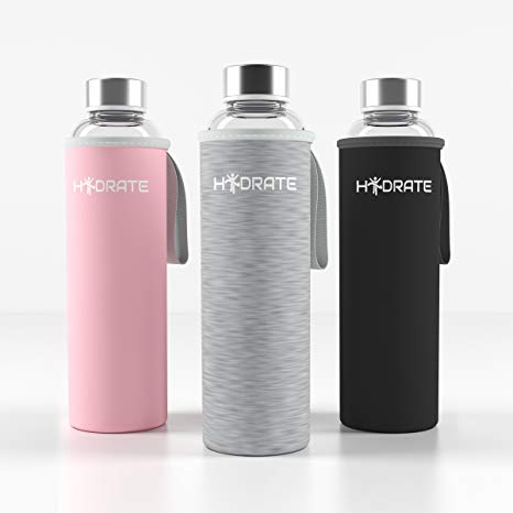 Hydrate Borosilicate Glass Water Bottle, 550ml With Neoprene Carrying Sleeve - Eco Friendly & BPA-Free, For Day to Day Use Ideal For Cold & Hot Drinks - Reusable & Leak-proof