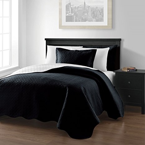 Chezmoi Collection Mesa 3-piece Oversized (100"x106") Reversible Bedspread Coverlet Set Queen, Black/White