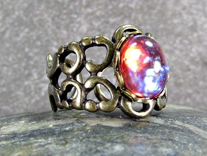 Red Dragons Breath Opal (Simulated) and Brass Filigree Ring for Men or Women