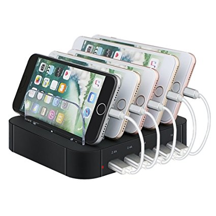 USB Charging Station, Topoint 5-Port Charging Stand Docking with 2 Lighting Cables/ 3 USB Cables/ Removable Baffles for iPhone/iPad/Smart Phone/Tablets