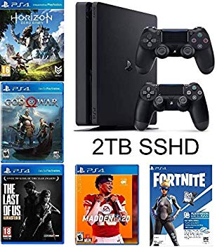 2019 Playstation 4 Slim PS4 2TB SSHD Console   Two Dualshock-4 Wireless Controllers   (Madden NFL 20, The Last of US, etc, Fortnite) Bundle