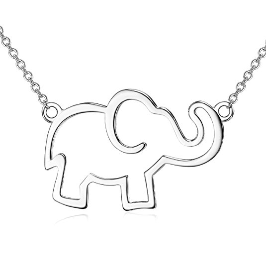 S925 Sterling Silver Lucky Elephant Pendant Necklace White Gold Plated Jewelry with Rolo Chain