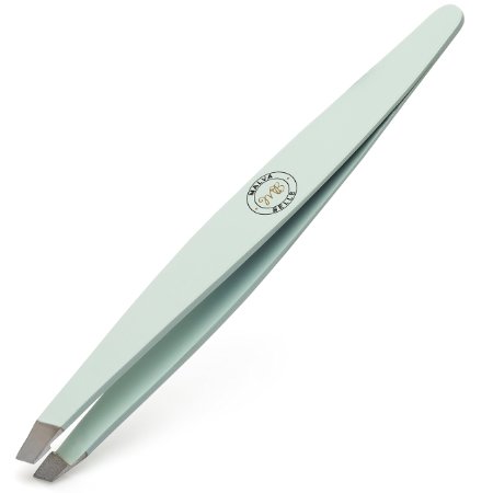 Precision Eyebrow Slant Tweezers  Perfectly Aligned Slanted Tip  Premium Quality  Remove Ingrown Hair  Great for Splinter Tick and Glass Removal - Mint Green
