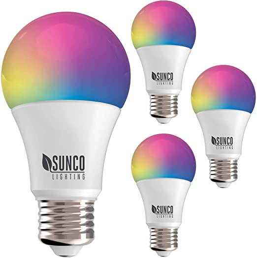 Sunco Lighting 4 Pack WiFi LED Smart Bulb, A19, 6W, Color Changing (RGB & CCT), Dimmable, 480 LM, Compatible with Amazon Alexa & Google Assistant - No Hub Required