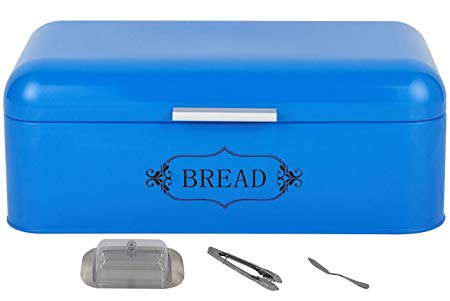 SUNERIC Vintage Bread Box for Kitchen | 16.5"X9"X6.3" Steel Bread Bin with Powder Coating with Free Butter Dish, Butter Knife and Tong (Dodger Blue)