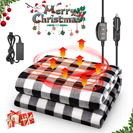 JoyTutus 12V Heated Car Blanket with AC/DC Adapter, Safe Heating Car Electric Blanket, Heating Blanket Plugs in Cigarette Lighter, Heated Travel Blanket Safe Winter for Car＆ Home Use, Black