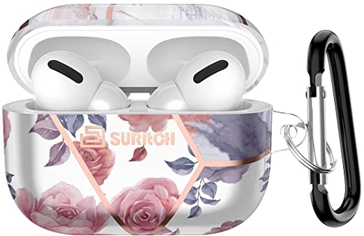 SURITCH Case for AirPods Pro 2019, Floral Cute Protective Hard Carrying Airpods pro 3 Cover LED Visible Portable Shockproof with Keychain Silicone Charging Case for Apple Airpods 3rd Gen, Rose Marble