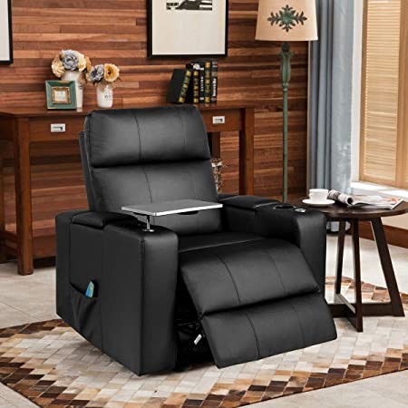 Giantex Theater Recliner Chair w/Massage Function, Home Theater Seating w/Cup Holders and Table Tray, Backrest & Footrest Adjustable, Flip-up Armrest, PU Leather Single Sofa Chair (Black)