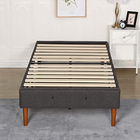 VECELO 14 Inch Deluxe Upholstered Platform Bed Frame/Mattress Foundation/Wood Slat Support/No Box Spring Needed/Easy Assembly-Gray,Twin, Grey