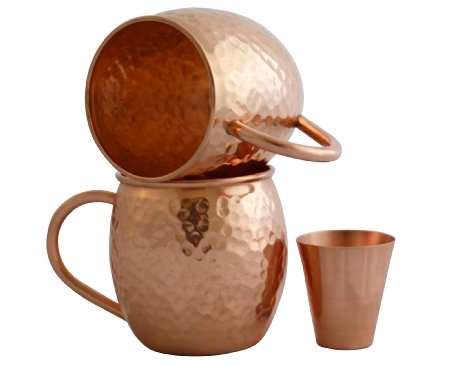 Solid Copper Moscow Mule Mug (Set Of 2) - 16 Oz Capacity with Shot Glass - 100% Pure Copper for Mules, Beer, Camping, Copper Infused Healthy Water - Authentic Hammered Moscow Mule Mugs