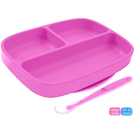 Silicone Suction Plate   Spoon for Toddlers, BPA Free, Dishwasher, Microwave & Oven Safe, Non Slip, One-Piece Divided Baby Placemat, Stay Put Bowls & Feeding Dishes for Kids/Infant (Pink)
