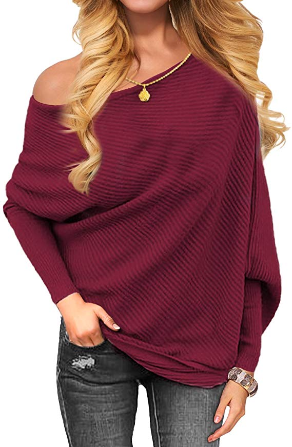 VOIANLIMO Women's Off Shoulder Knit Jumper Long Sleeve Pullover Baggy Solid Sweater