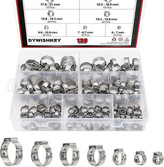 DYWISHKEY 136 PCS 7-21mm 304 Stainless Steel Single Ear Hose Clamps