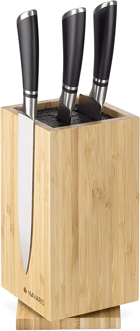 Navaris Bamboo Kitchen Knife Block - Magnetic Rotating Bristle Knife Holder - Universal Knife Block Storage Stand with Bristles - 9.8" x 4.9" x 4.9"