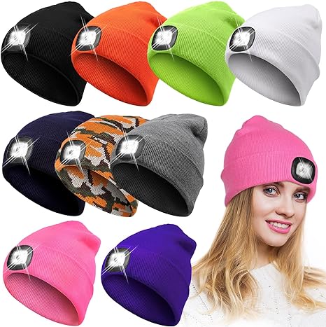 SATINIOR 9 Pieces LED Light Beanie Hat 4 LED Headlamp Hat Unisex Winter Knitted Hat Cap for Running