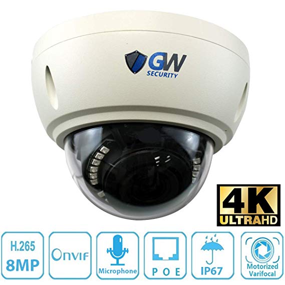 GW Security 8 Megapixel 4K (3840x2160) 2.8-8mm 3X Optical Motorized Zoom Outdoor Indoor IK10 Vandalproof Onvif H.265 8MP Dome PoE IP Camera Built-in Microphone, 80FT Night Vision