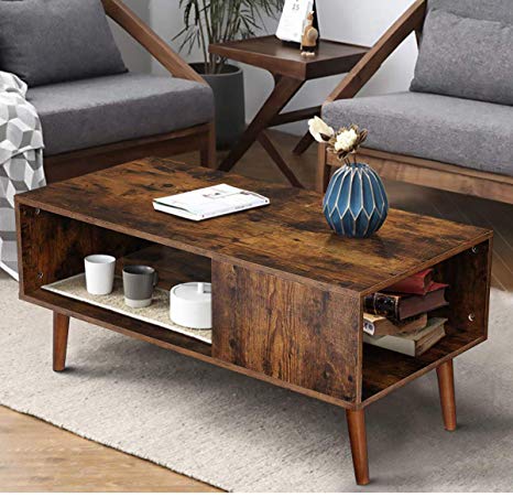 KINGSO Retro Coffee Table Mid Century Modern Coffee Table with Storage Shelf for Living Room Vintage Coffee Table Cocktail Table TV Table Sofa Table Easy Assembly Wood Look Furniture, Rustic Brown