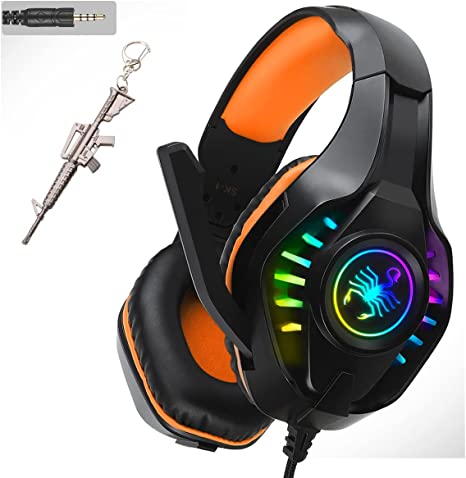Orange Stereo Gaming Headset for PS4 Xbox One PC Controller, 3.5mm Wired Over Ear Headphones with Mic. LED Light & Memory Foam Ear Pads&Volume Control&Noise Cancelling SK-1 Kids Boys Gifts