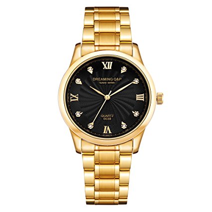 IP Gold plating Steel Roman Numeral Dial With Rhinestones Mens Wrist Watches For Man Black 003