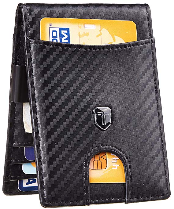 Toughergun Mens RFID Blocking Front Pocket Minimalist Slim Genuine Leather Wallet Money Clip(Premium Carbon Fiber Black)