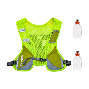 Reflective Vest ,Light Adjiustable Hydration Pack Vest for Running with 2 Water Bottle Holder,sturdy buckles,pocket, Reflective Strips,Perfect for Day and Night Running, Jogging, Cycling (Green)