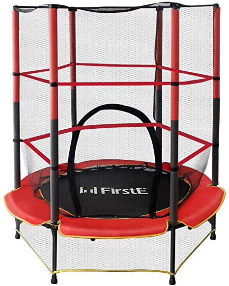 FirstE 55'' Kids Trampolines, Mini Trampoline for Children with Enclosure Net and Safety Pad, Recreational Trampoline with Built-in Zipper for Home Indoor Outdoor