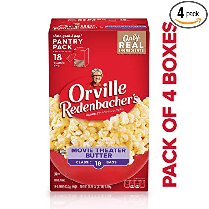 Orville Redenbacher's Movie Theater Butter Microwave Popcorn, 3.29 Ounce Classic Bag, 18-Count, Pack of 4