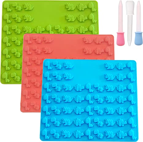 Set of 3 Mini Dinosaur Silicone Candy molds and Gummy Bear Mold, Non-Stick Gummies Chocolate Gelatin Tray – 3 Bonus Droppers (Blue-Green-Red)