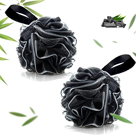 Zikebtuy Pack of 2 Bath Shower Loofah Sponge, Shower Puff, Bath Pouf Ball, Rich Foam Bamboo Charcoal Loofah, Black & White Mixed Color