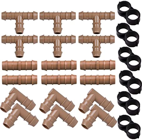 iRunning 24 Pieces Irrigation Fittings Kit (17mm) for 1/2” Tubing (0.600”ID) – Including 6 Tees, 6 Couplings, 6 Elbows,6 End Closure– Barbed Connectors for Sprinkler and Drip Irrigation Systems
