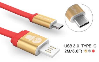 Type C USBGURU8482 66 Ft 2M Flat Nylon Cable with Reversible Connectors for New Macbook 12 inch ChromeBook Pixel Nexus 5X6P Nokia N1 OnePlus 2 Other Devices with Type C USB Cherry Gold