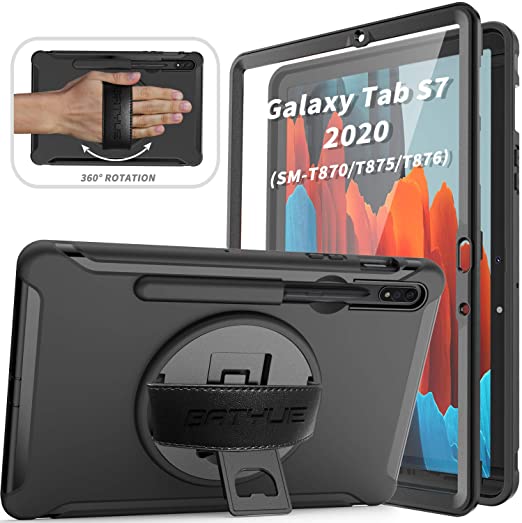 BATYUE Galaxy Tab S7 Case with Built-in Screen Protector S Pen Holder Hand Strap Rotating Kickstand, Rugged Heavy Duty Shockproof Protective Cover Case for Samsung 11" Tab S7 (2020) SM-T870/T875/T876