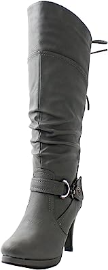 TOP Moda Womens Page-65 Knee High Round Toe Lace-Up Slouched High Heel Boots