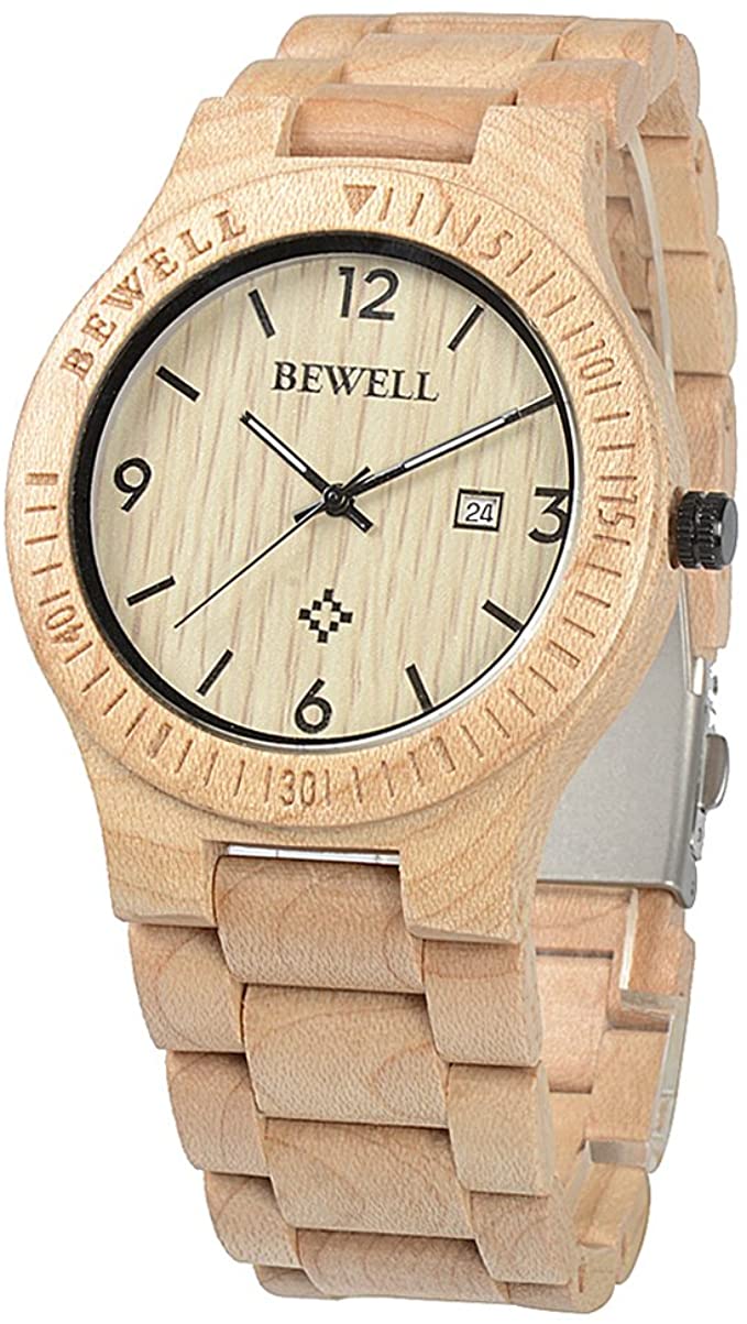 Bewell W086B Men Wrist Watches with Date Display Luminous Analog Wooden Watch