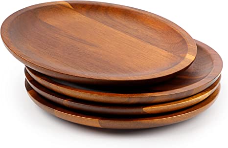 HOMEXCEL Acacia Wooden Plates Set of 4, 8 Inch Round Wood Dinner Plates, Easy Cleaning & Lightweight for Dishes Snack, Dessert, Salad Serving, Housewarming, Christmas Gift