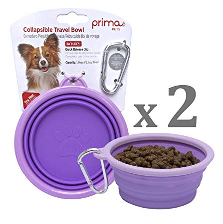 Prima Pets Collapsible Silicone Food & Water Travel Bowl with Clip for Dog and Cat, SMALL (1.5 Cups) & LARGE (5 Cups)