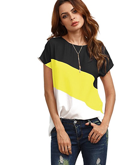 Romwe Women's color block blouse short sleeve Casual Tee Shirts Tunic Tops