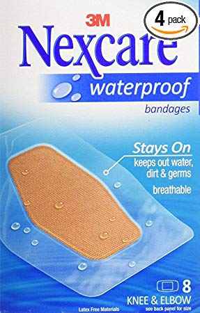 Nexcare Waterproof Stays On Bandage, Knee and Elbow, 8 Bandages per Box (4 Pack)