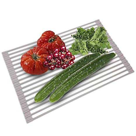 Over The Sink Dish Drying Rack - Collapsible Roll Up Silicone Covered Stainless Steel Dish Drainer Kitchen Sink Caddy Mat Works also as Heat Resistant Trivets for Hot Dishes - No Rusting or Slipping
