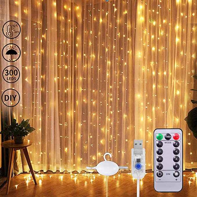 300 LED Window Curtain String Light Fairy Lights Wedding Party Home Garden Bedroom Outdoor Indoor Wall Decorations, Warm White