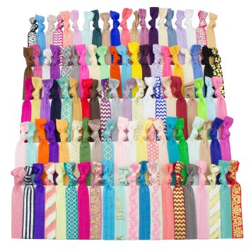 JLIKA Elastic Hair Ties (SET OF 100) Colorful Prints and Solids, No Crease Ouchless Ponytail Holders, Ribbon Hairties for Women Girls Teens and Kids