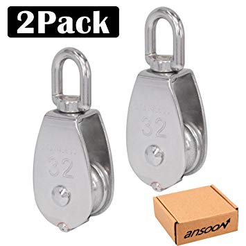 2Pcs - Ansoon 32MM Single Pulley Block 304 Stainless Steel Tackle Pulley Wear-Resistance Pulley Roller Smooth Wire Rope Cable Loading