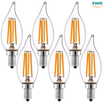 Keymit LED Candelabra Bulbs Clear Flame Dimmable Filament - E12 Edison Chandelier Base Glass - C32 4W Candle Lights Bulb - 2700K - Equivalent 25W - 40Watt 6PACK
