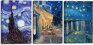 Wieco Art Large 3 Panels Canvas Prints of Vincent Van Gogh Paintings Reproduction Starry Night Over the Rhone Cafe Terrace at Night Canvas Wall Art for Living Room Home Office Decor