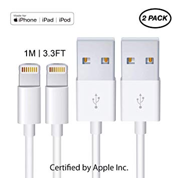 2Pack Apple Charger Cable [Apple MFi Certified] Lightning to USB Cable Original Certified Compatible iPhone X/8/7/6s/6/plus/5s/5c/SE,iPad Pro/Air/Mini,iPod Touch(1M/3.3FT)