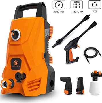 SUNPOW Electric Pressure Washer, Portable Power Washer Machine 2000 Max PSI 1.32 GPM with 2 Nozzles, Spray Gun, Hoses, Detergent Tank, for Cleaning Homes, Cars, Decks, Driveways, Patios