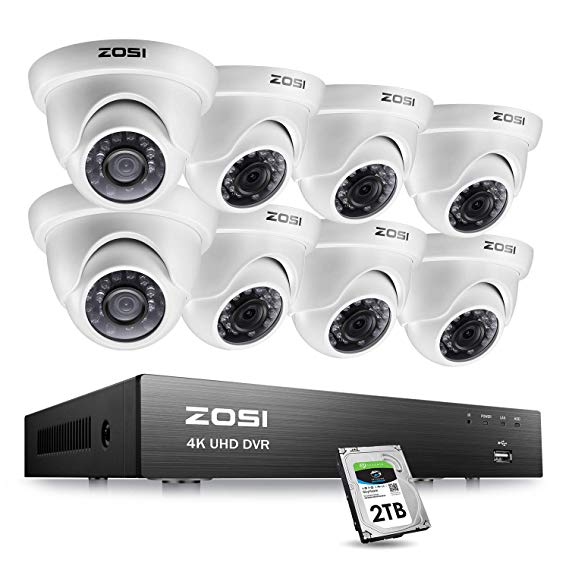 ZOSI 4K Ultra HD Security Cameras System, 8 Channel H.265  4K (3840x2160) Video DVR, 8 x 4K (8MP) Ip67 Surveillance Dome CCTV Camera, 100ft Night Vision, with 2TB Hard Drive