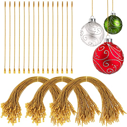 Nuanchu 300 Pieces Christmas Ornament Hangers Snap Locking Ropes Fasteners Hanging Ropes Hang Tag Polyester Ropes Clothing Price Tag Hanging Ropes for Christmas Party Hanging Decor (Gold)