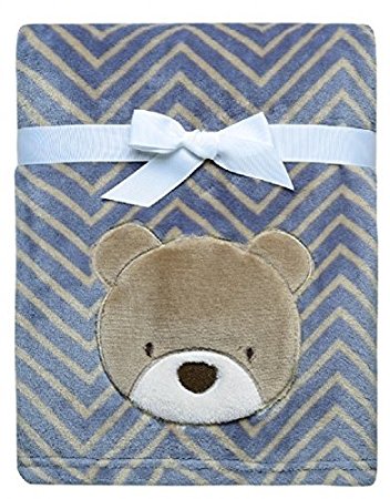 Baby Starters Printed Soft Plush Blanket with Bear Applique and Embroidery, Blue/Brown